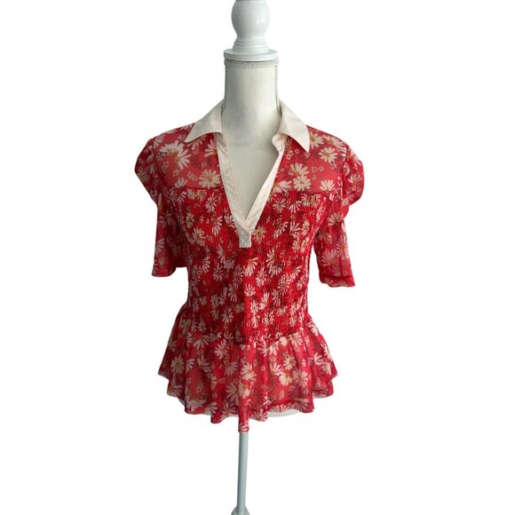 MAEVE Red Floral Collared Smocked Blouse Size Medium - Picture 10 of 10